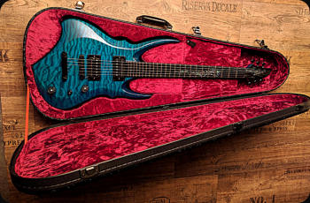 Zerberus Dragon custom electric guitar in Sapphire Blue finish inside deluxe hard case