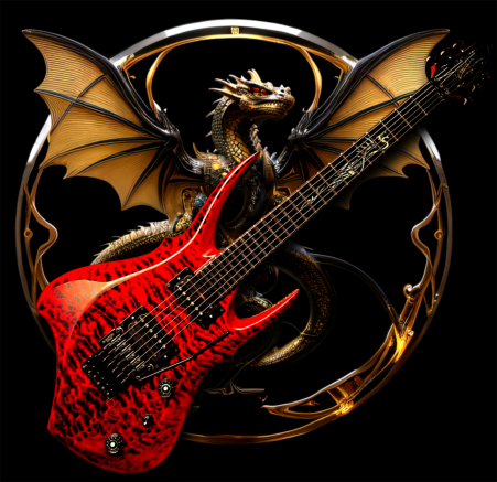 Front view of Zerberus Dragon custom electric guitar with ruby red dragon carved top
