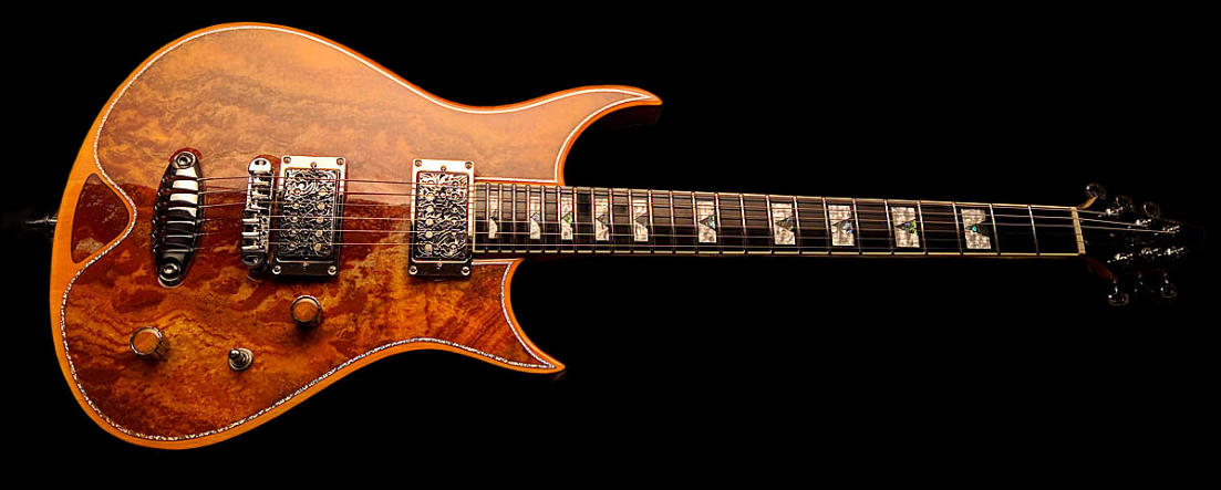 Zerberus Morpheus custom electric guitar with Onyx Fantastico Red Light stone top in Orange Burst finish