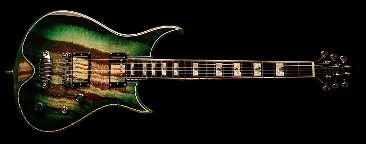 Zerberus Morpheus custom electric guitar with Onyx Fantastico Red Light stone top in Emerald Green Burst finish