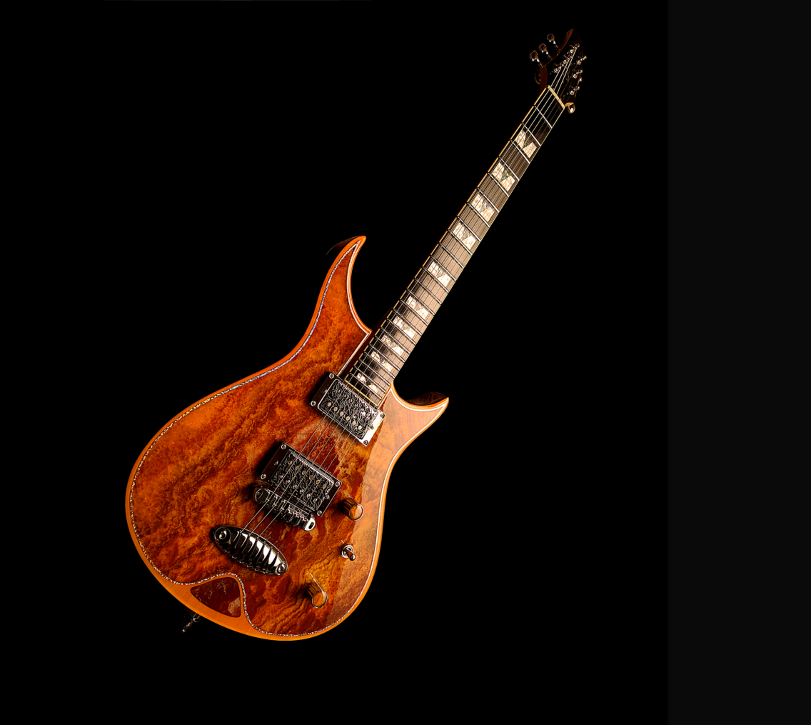Zerberus Morpheus OF001 George custom electric guitar with genuine Onyx Fantastico stone top in Orange Burst finish