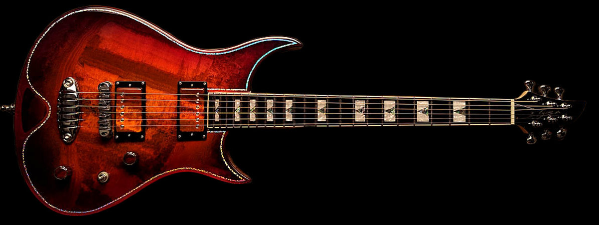 Zerberus Morpheus custom electric guitar with Onyx Fantastico Red Light stone top in Cinnamon Burst finish