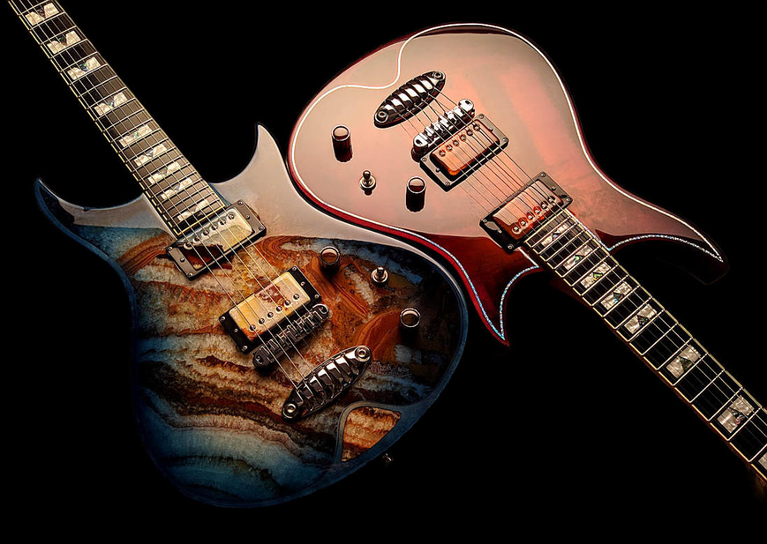 Zerberus custom electric guitars with real natural stone top and burst finish, handcrafted boutique instruments made in Germany
